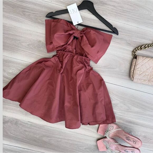 Zara CUT OUT BOW TAFFETA DRESS brown - Picture 2 of 10